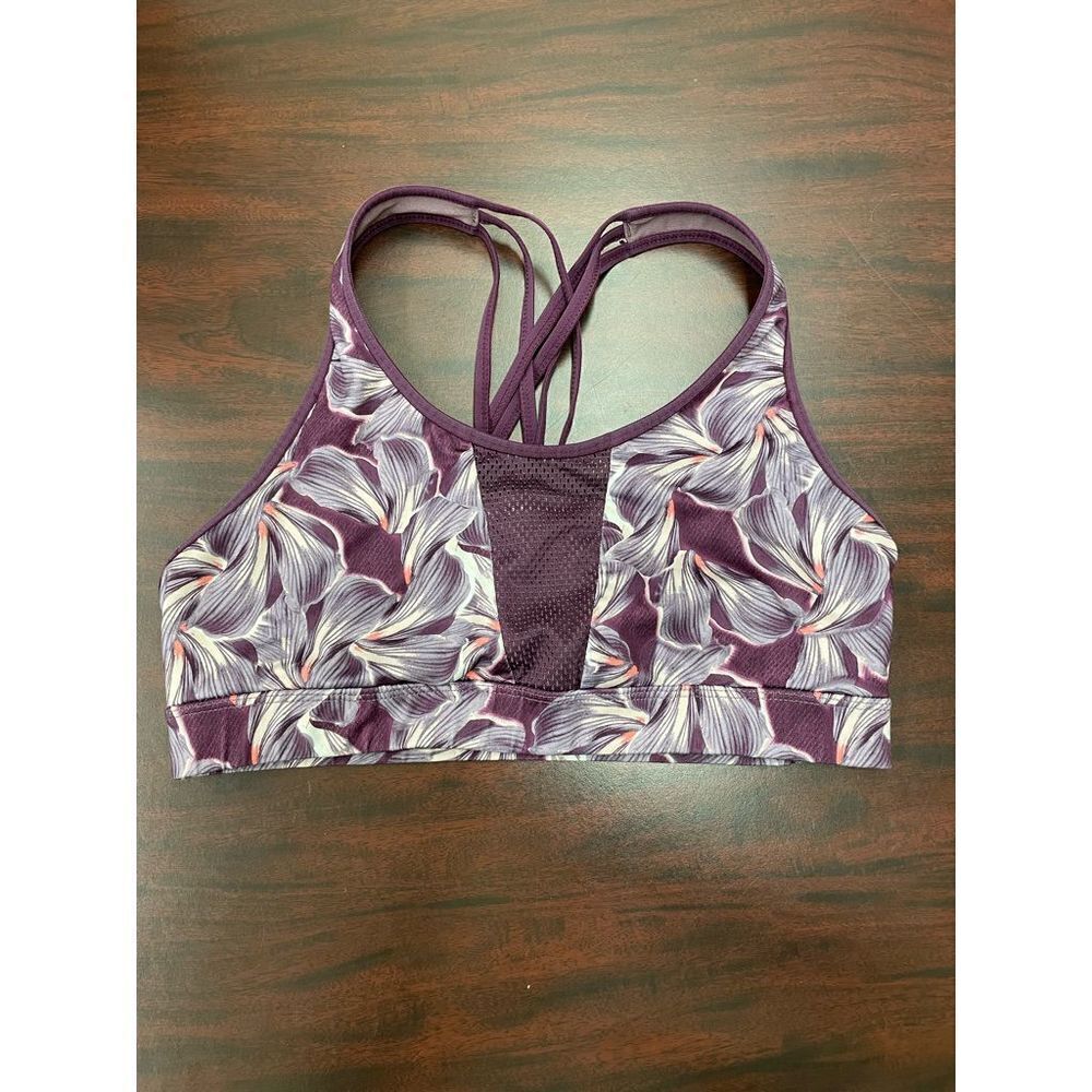 Floral Print Strappy Ventilated Sports Bra in Dark Berry